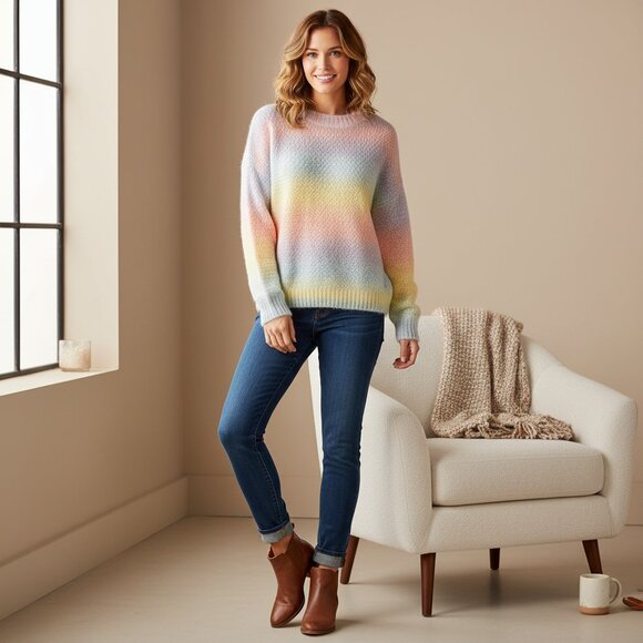 AMOLI Pastel Sherbet Sweater | Fuzzy Brushed Wool Blend Rainbow Pullover S/M NWT - Picture 1 of 7